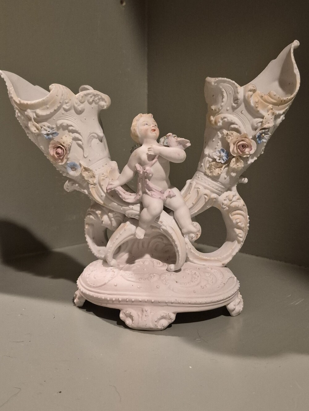 Antique German Bisque Porcelain Double Spill Vase Cherub Putti Flowers Mold 322
